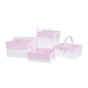 4-PIECE Wicker Lined Basket Storage Set in White/Pink